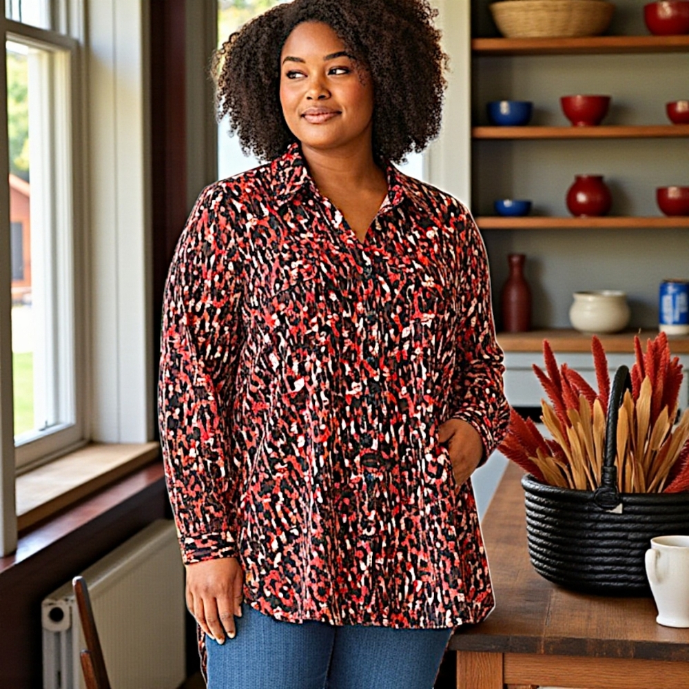 Notations Woman Button Front Blouse‎ Sz 2X Geometric Colorful Roll Tab Sleeves